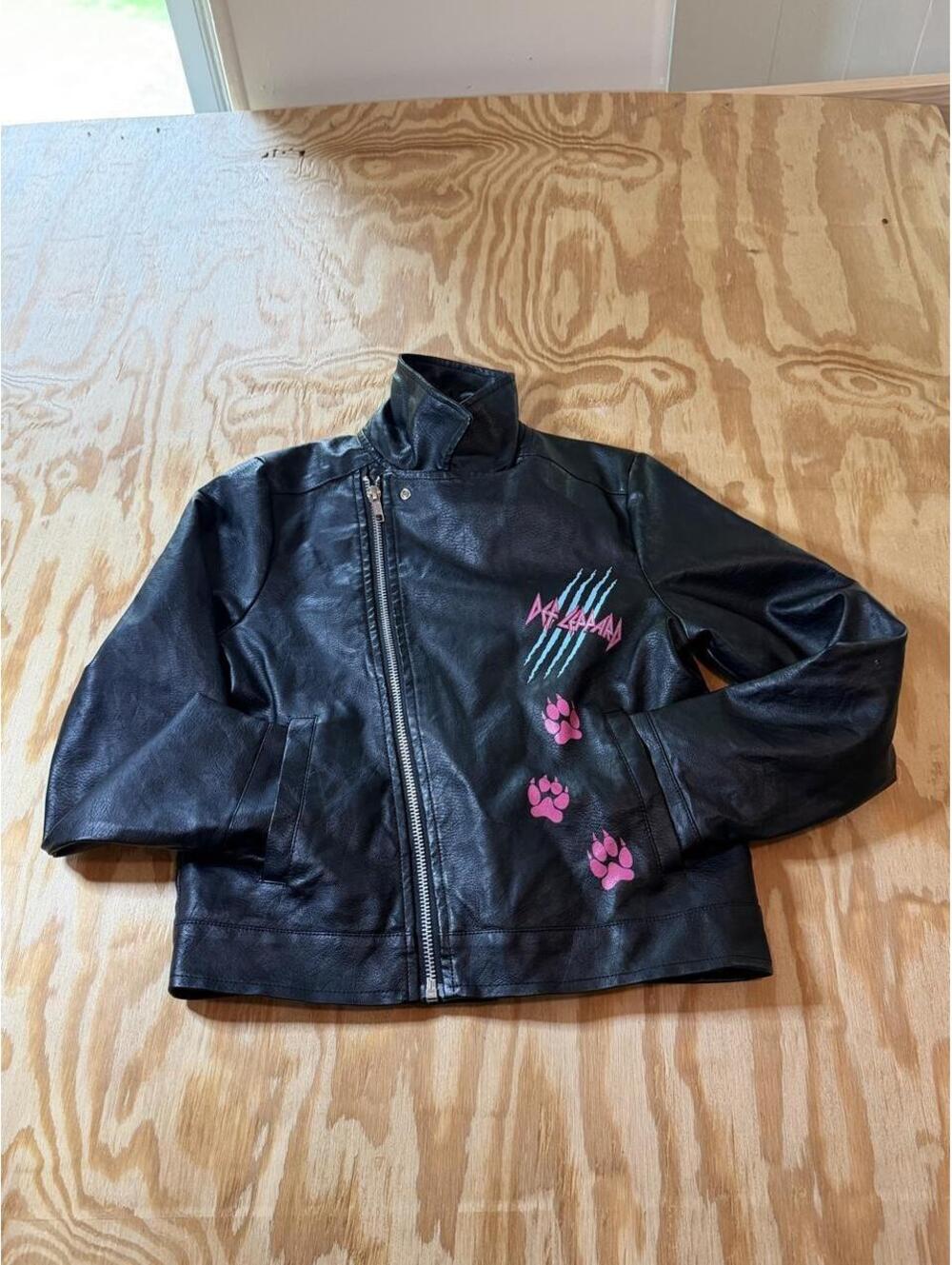 Def Leppard Faux Leather Jacket Womens Petite Black Rock Band Graphic Moto